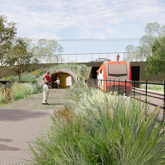 Artist impression of a shared path and a light rail line - each leading to its own individual tunnel under a roadway and with bushland in between